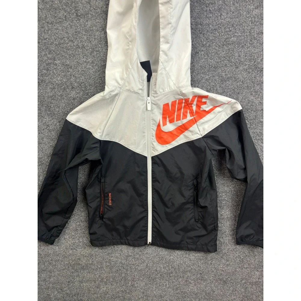 Nike Windbreaker Jacket Kids XS White Black Orange Packable Hooded Zip Up